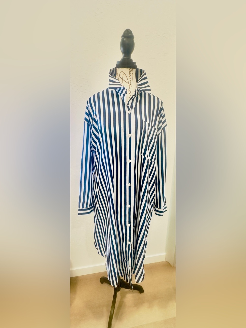 Striped Button-Down Shirt Dress in Navy and White